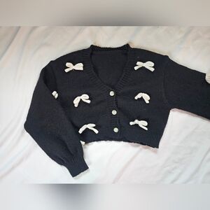 Shein Black Cropped Cardigan with White Bow Details- Size 9 Girls